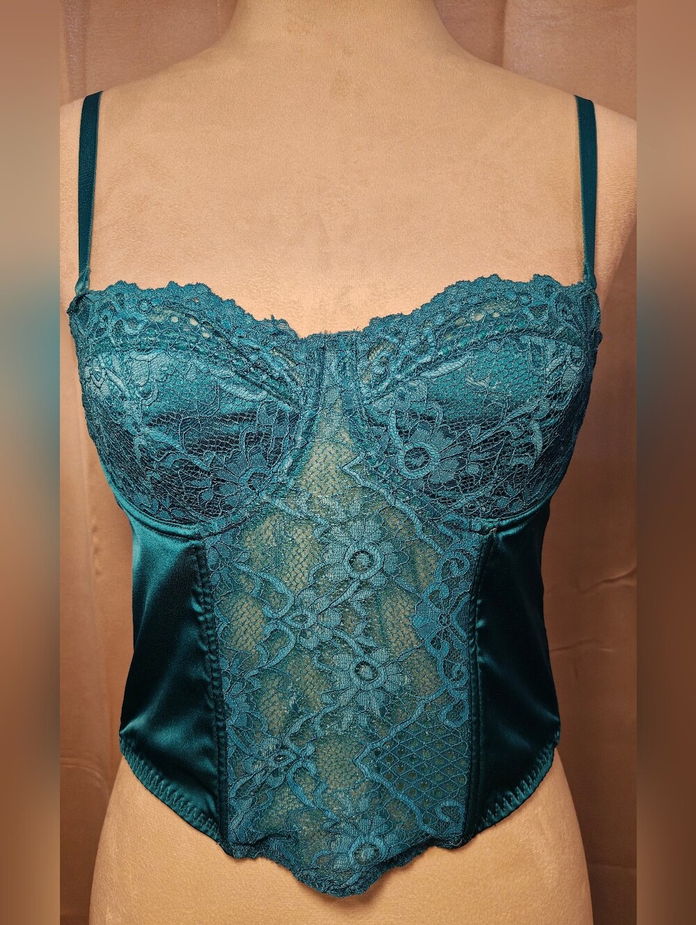 Y2K Sincerely Jules Teal Satin Bustier Corset w Sheer Lace Panels.